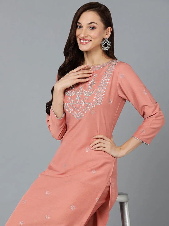 Silk Blend Coral Peach Straight Kurta With