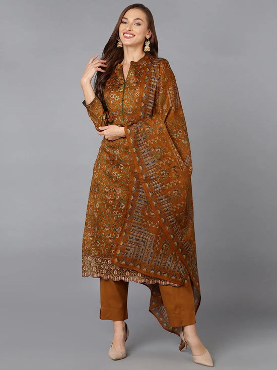 Mustard Cotton Straight Kurta Pant With Dupatta-VKSKD1799A_XS