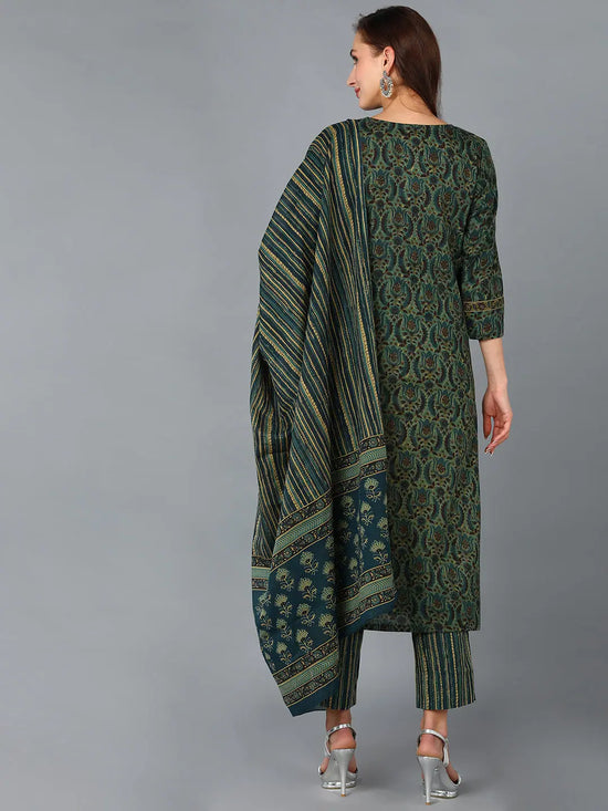 Ahika Women Green Cotton Blend Ethnic Motifs