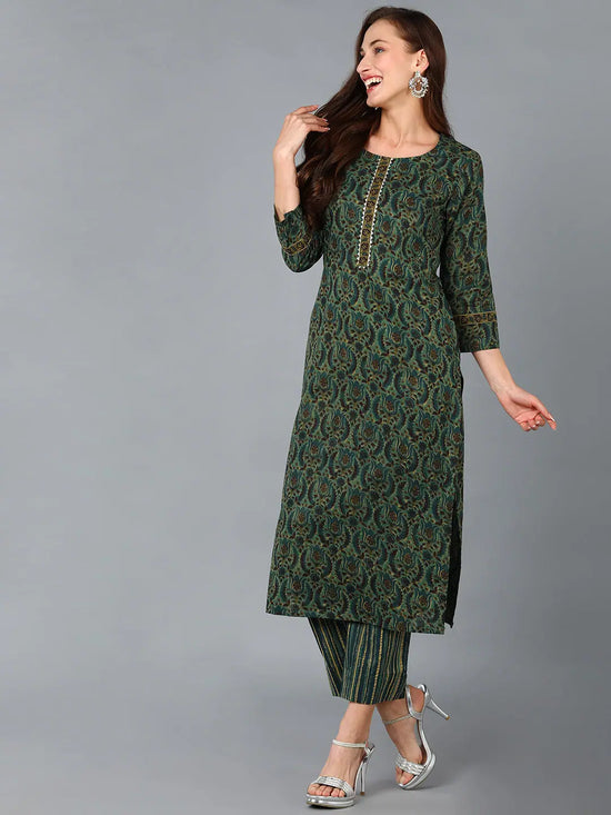 Ahika Women Green Cotton Blend Ethnic Motifs