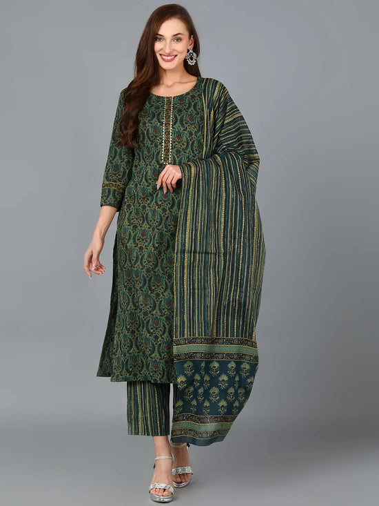 Ahika Women Green Cotton Blend Ethnic Motifs