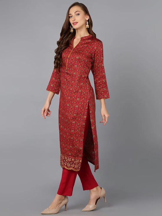 Red Cotton Straight Kurta Pant With Dupatta-VKSKD1798A_XS