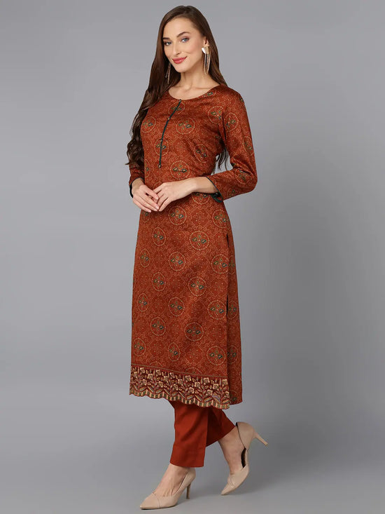 Burnt-Orange Cotton Straight Kurta Pant With Dupatta-VKSKD1797A_XS