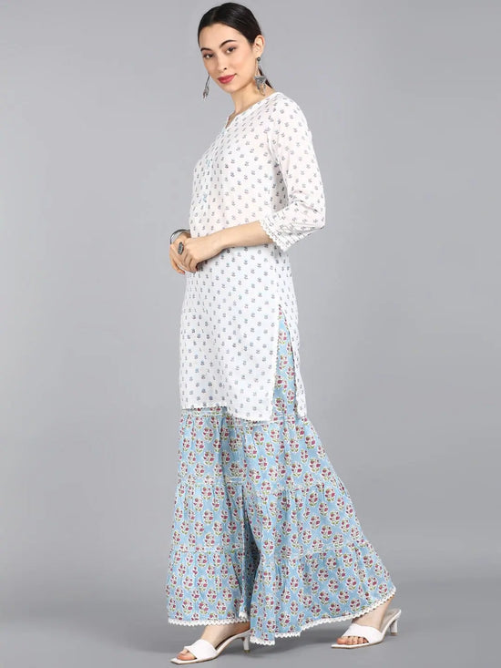 AHIKA White Blue Ethnic Motifs Printed Pure