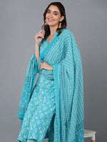 Cotton Turquoise Blue Ethnic Printed Kurta Pant