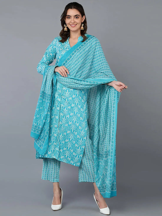 Cotton Turquoise Blue Ethnic Printed Kurta Pant