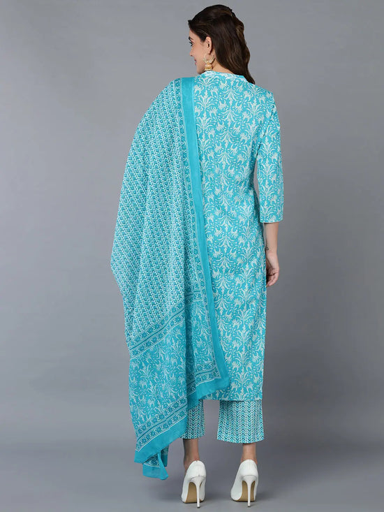 Cotton Turquoise Blue Ethnic Printed Kurta Pant