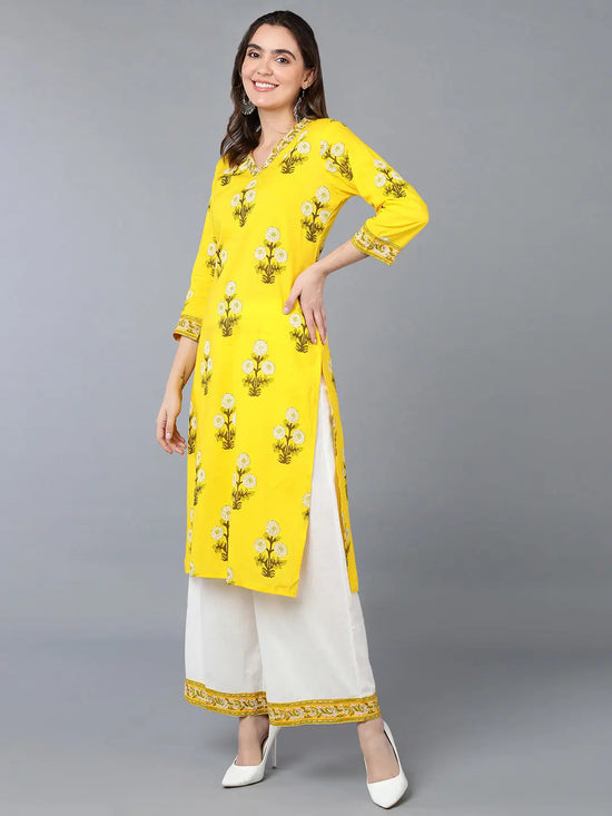 Cotton Yellow Floral Printed Kurta Pant With