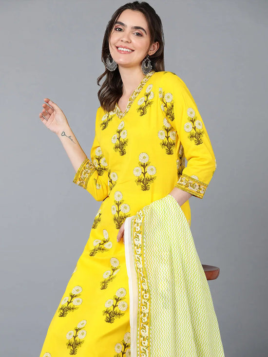 Cotton Yellow Floral Printed Kurta Pant With