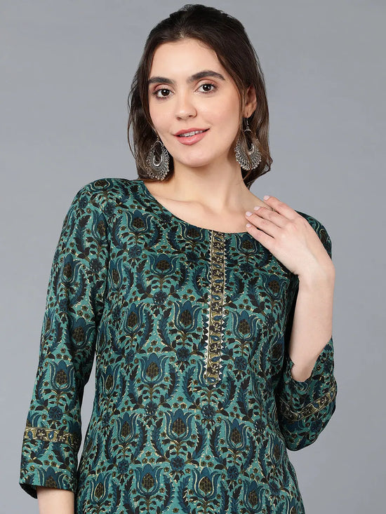 Cotton Blend Green Floral Printed Straight Kurta-VKSET1423_XS