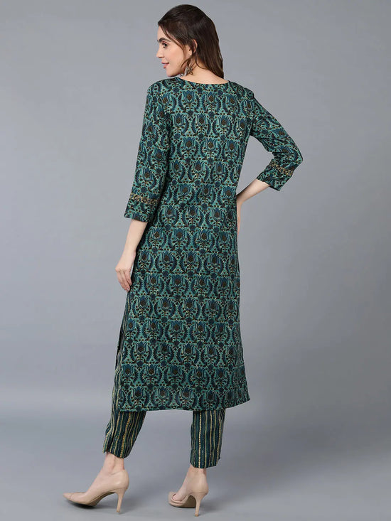 Cotton Blend Green Floral Printed Straight Kurta-VKSET1423_XS