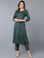 Cotton Blend Green Floral Printed Straight Kurta-VKSET1423_XS