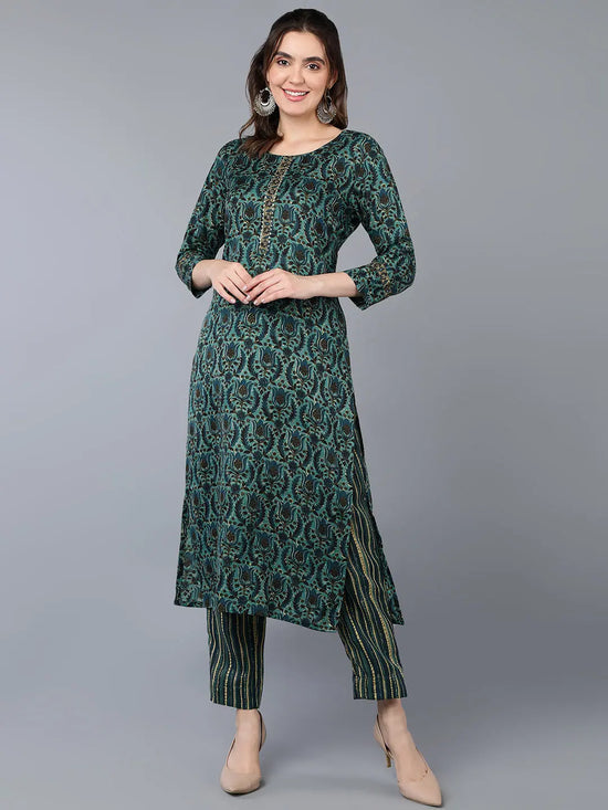 Cotton Blend Green Floral Printed Straight Kurta-VKSET1423_XS