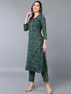 Cotton Blend Green Floral Printed Straight Kurta-VKSET1423_XS