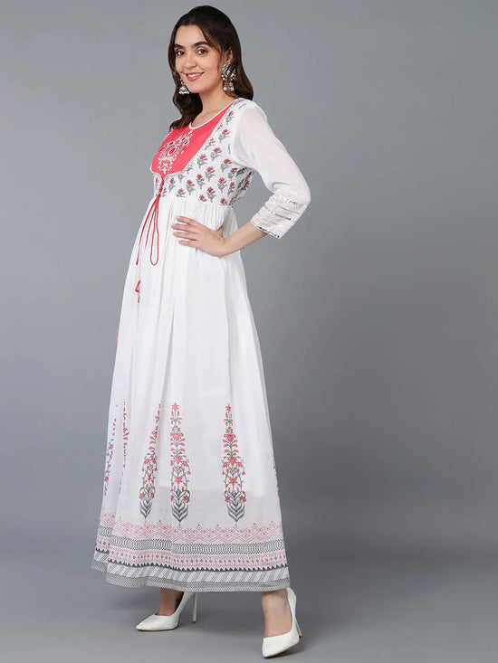 Cotton Blend White Embroidered Flared Kurta With-VKD1007_XS