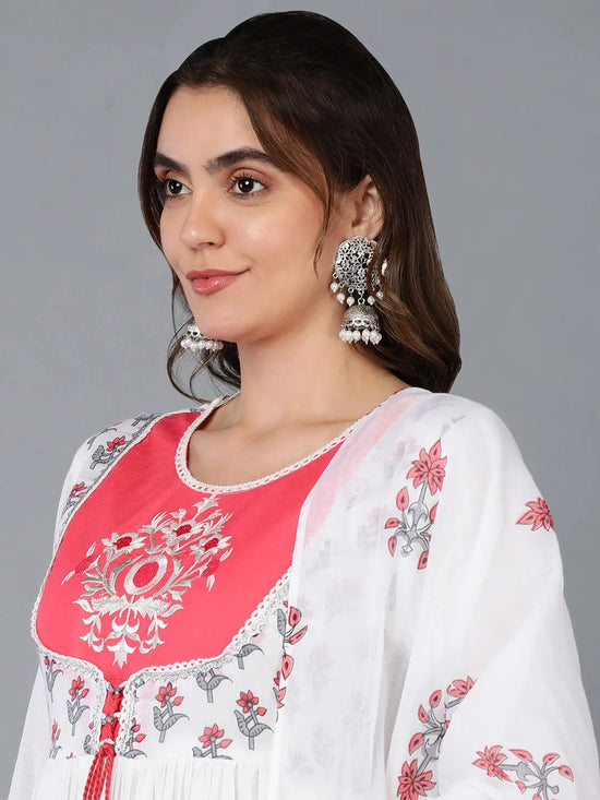 Cotton Blend White Embroidered Flared Kurta With-VKD1007_XS