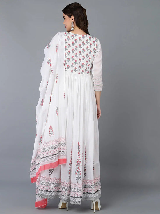 Cotton Blend White Embroidered Flared Kurta With-VKD1007_XS