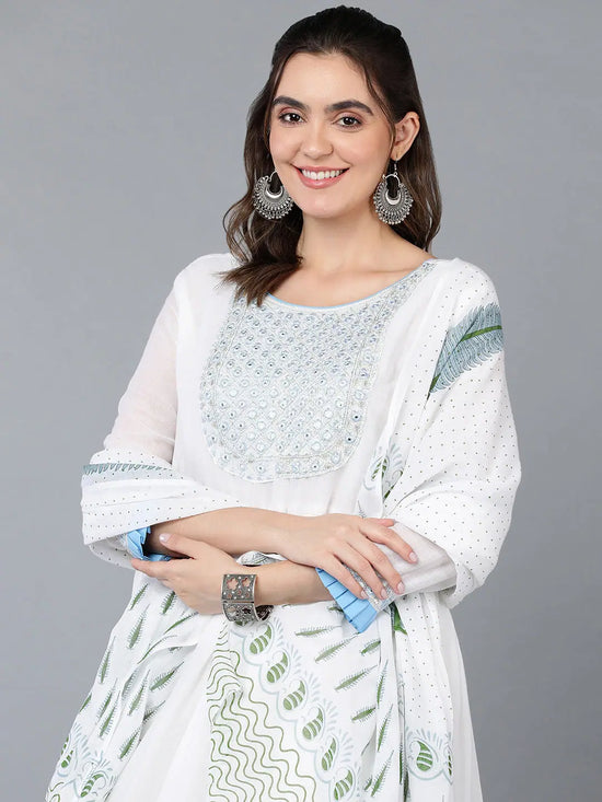 Cotton Blend White Embroidered Flared Kurta With-VKD1002_XS