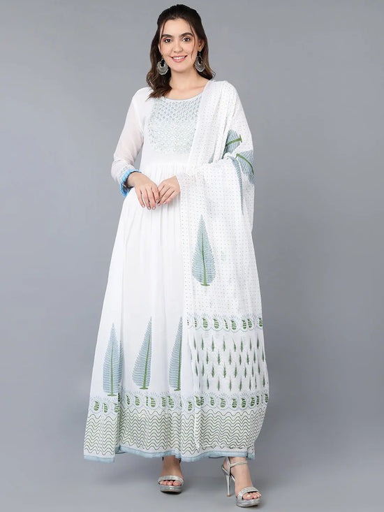 Cotton Blend White Embroidered Flared Kurta With-VKD1002_XS