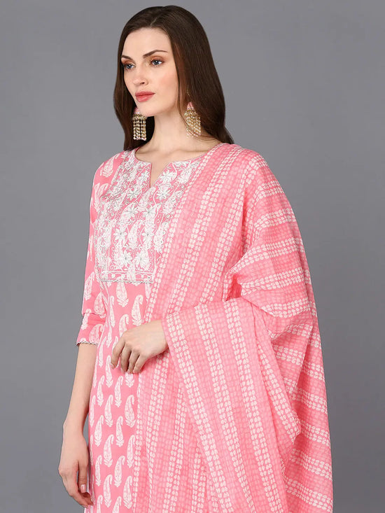 Cotton Pink Printed Straight Kurta Pant With-VKSKD1846_XS