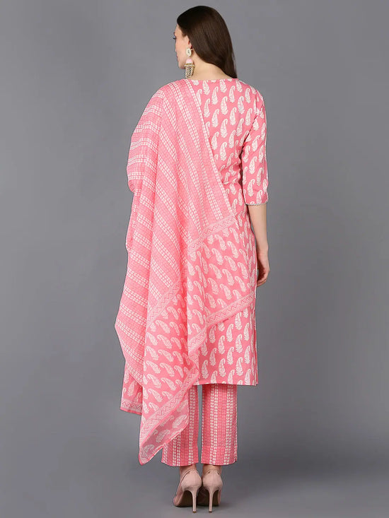 Cotton Pink Printed Straight Kurta Pant With-VKSKD1846_XS