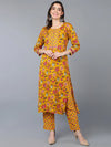 Cotton Blend Yellow Floral Printed Straight Kurta