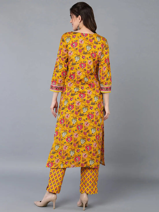 Cotton Blend Yellow Floral Printed Straight Kurta