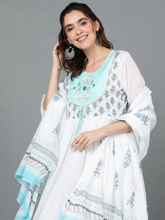 Cotton Blend White Embroidered Flared Kurta With-VKD1001_XS