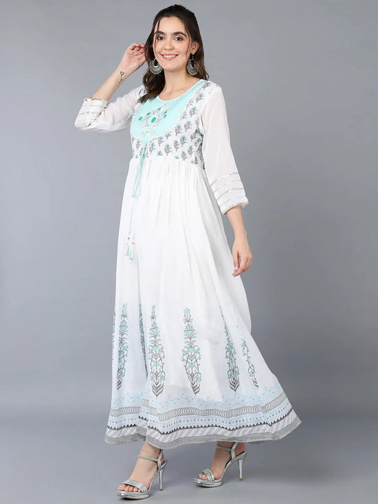 Cotton Blend White Embroidered Flared Kurta With-VKD1001_XS