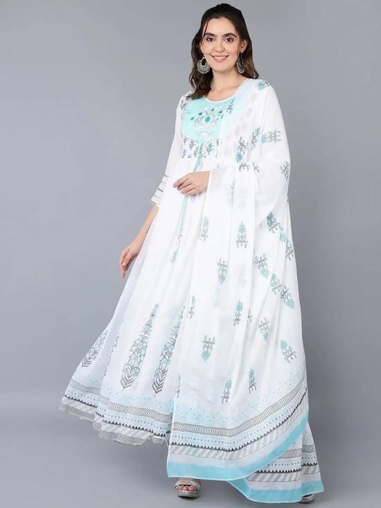 Cotton Blend White Embroidered Flared Kurta With-VKD1001_XS