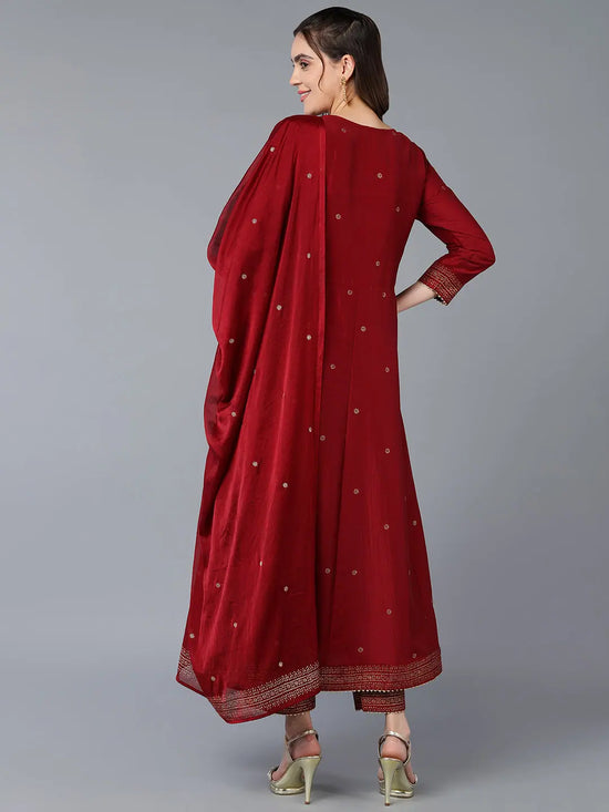 Silk Blend Maroon Rogan Work Flared Kurta