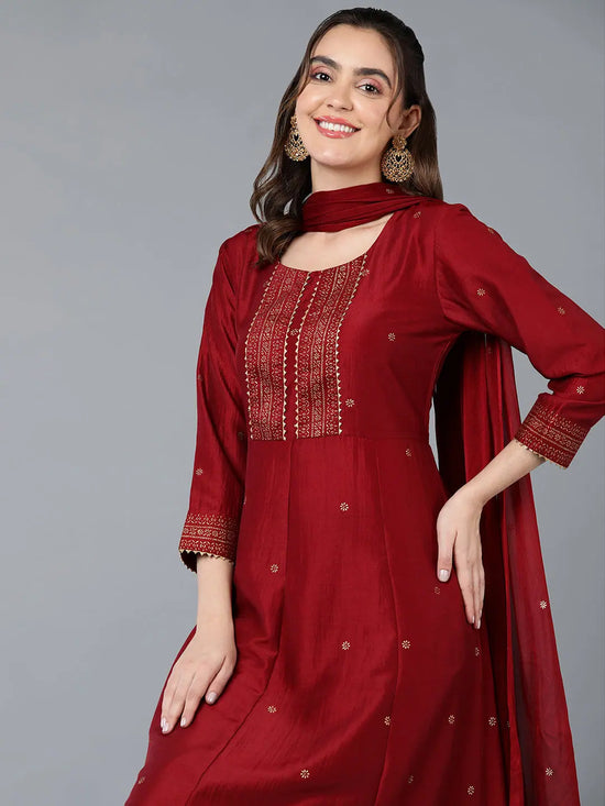 Silk Blend Maroon Rogan Work Flared Kurta