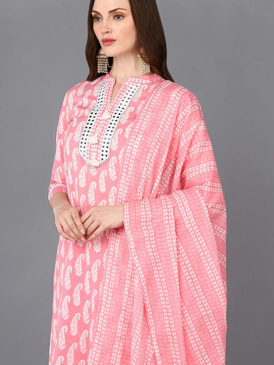 Cotton Pink Printed Straight Kurta Pant With-VKSKD1851_XS