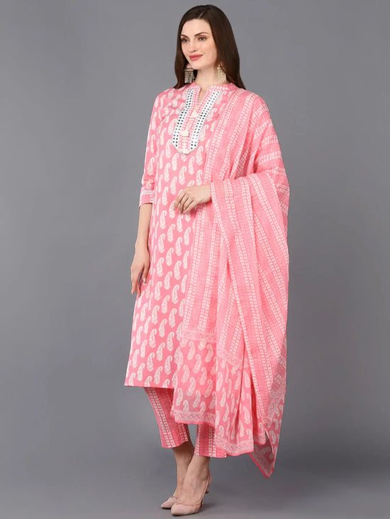 Cotton Pink Printed Straight Kurta Pant With-VKSKD1851_XS