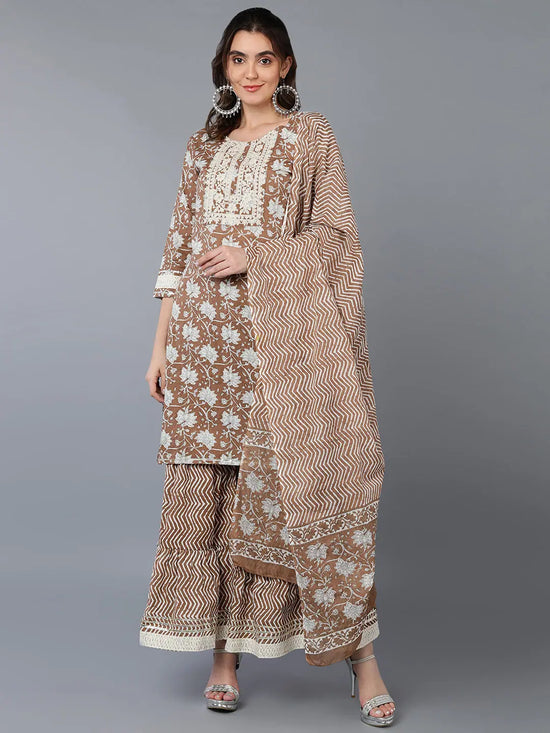 Cotton Beige Floral Printed Kurta Pant With