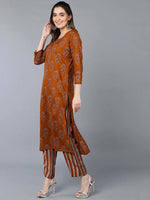 Cotton Blend Ochre Yellow Printed Straight Kurta