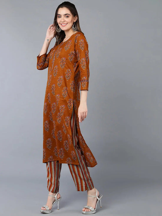 Cotton Blend Ochre Yellow Printed Straight Kurta