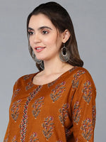 Cotton Blend Ochre Yellow Printed Straight Kurta