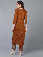 Cotton Blend Ochre Yellow Printed Straight Kurta