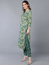 Cotton Blend Green Floral Printed Straight Kurta-VKSET1420_XS