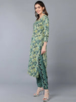 Cotton Blend Green Floral Printed Straight Kurta-VKSET1420_XS