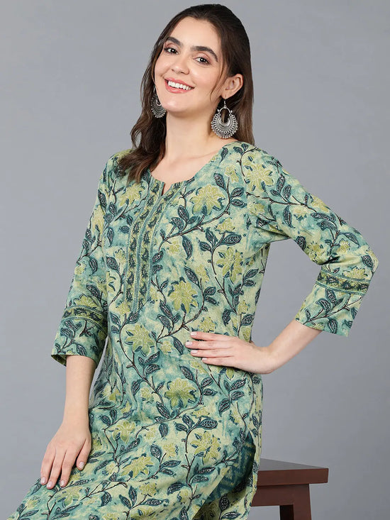 Cotton Blend Green Floral Printed Straight Kurta-VKSET1420_XS