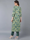 Cotton Blend Green Floral Printed Straight Kurta-VKSET1420_XS