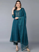 Silk Blend Teal Blue Rogan Work Flared-VKSKD1894_XS