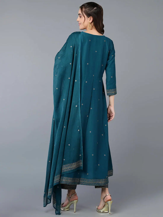 Silk Blend Teal Blue Rogan Work Flared-VKSKD1894_XS