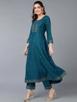 Silk Blend Teal Blue Rogan Work Flared-VKSKD1894_XS