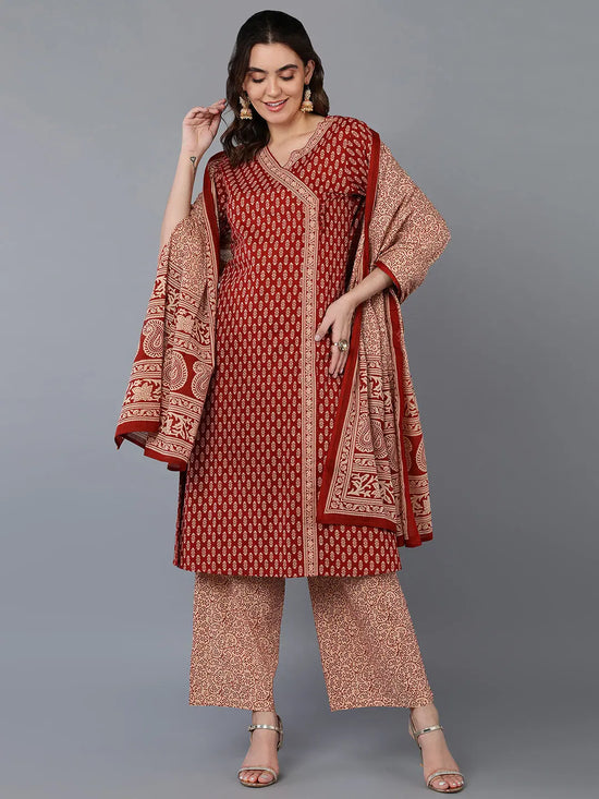 Cotton Red Ethnic Printed Kurta Pant With