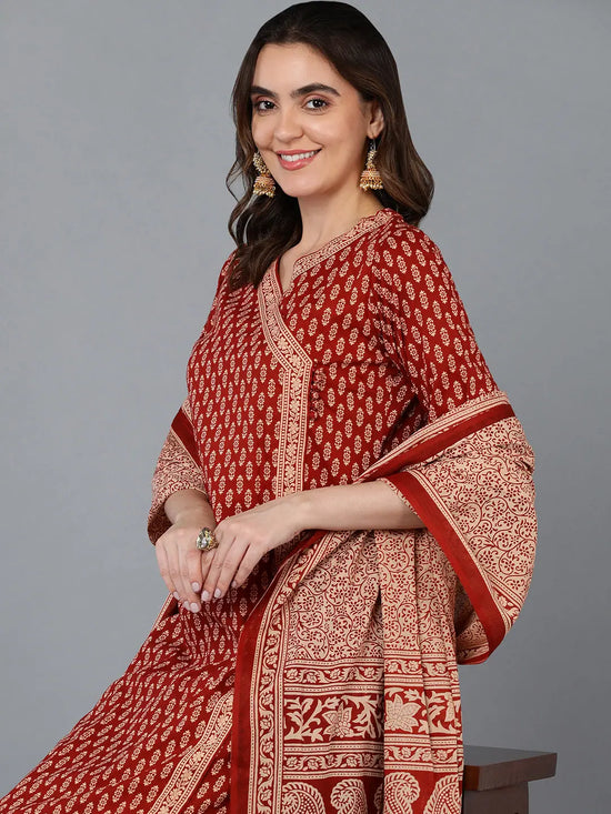 Cotton Red Ethnic Printed Kurta Pant With