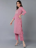 Cotton Pink Geometric Printed Embroidered Kurta Pant