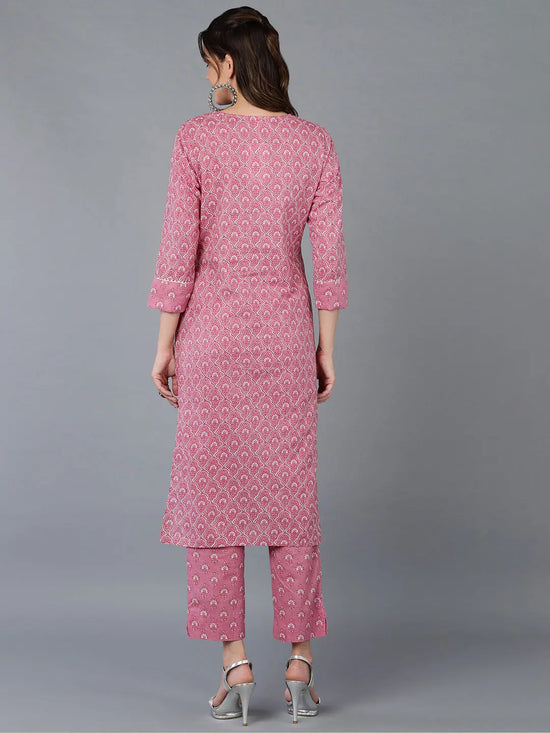 Cotton Pink Geometric Printed Embroidered Kurta Pant